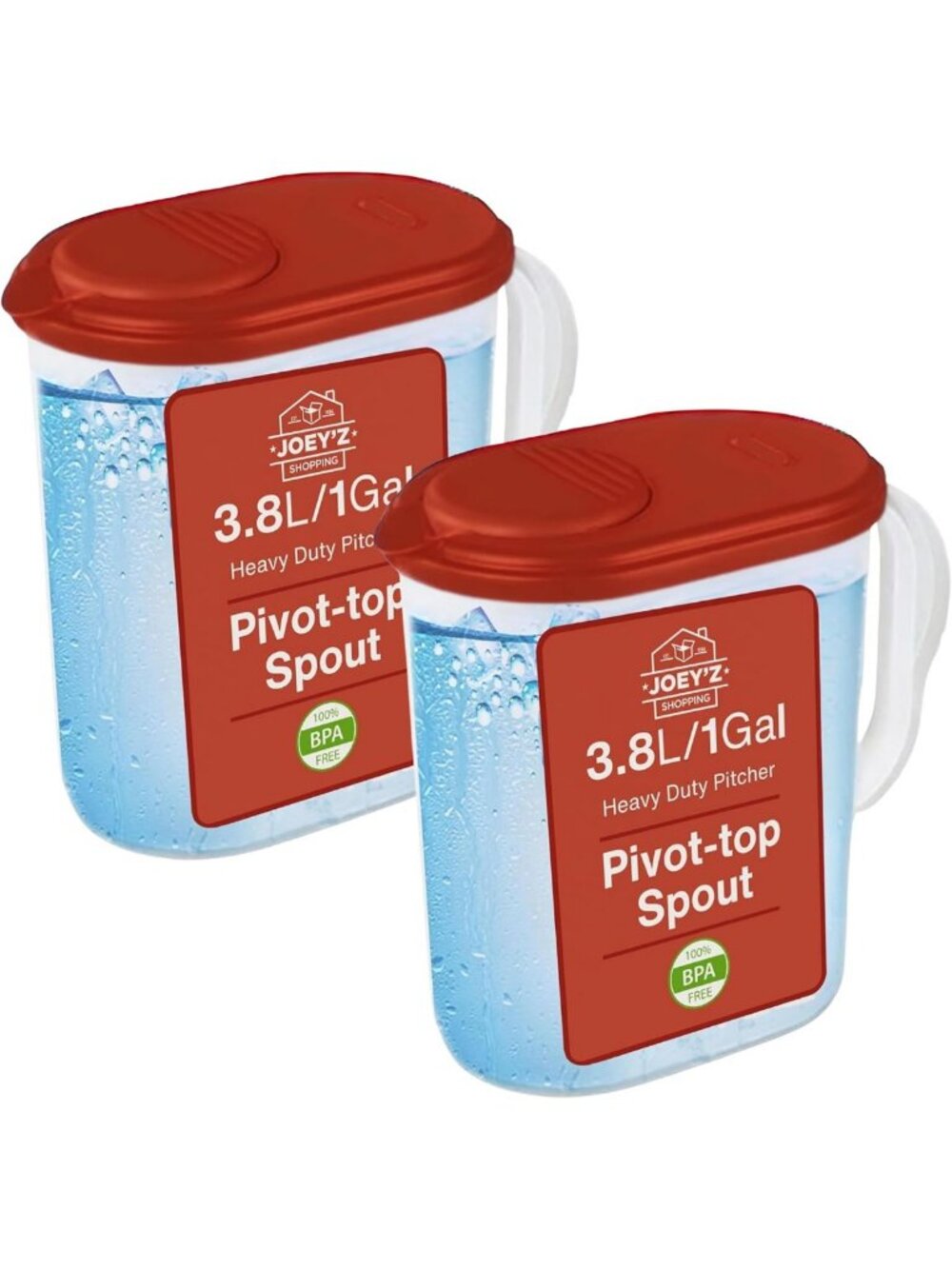 2-Pack 1 Gallon Water Pitcher with Lid & Easy Pour Spout - Red Kitchen Essential